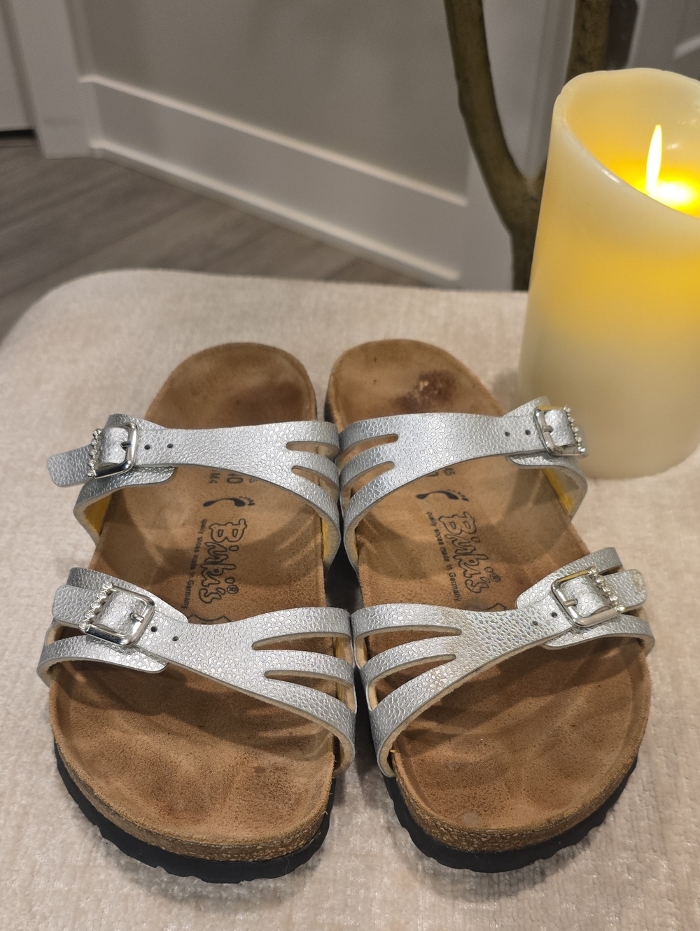 Birkis Silver Double-Strap Buckle Slide Sandals